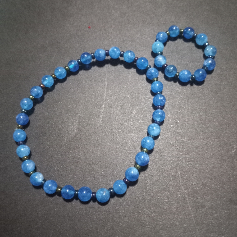 Blue Agate Beaded Bracelet & Ring Set
